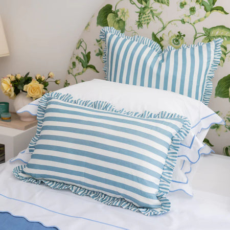 Ruffle Stripe Cushion Cover - Blue Lumbar
