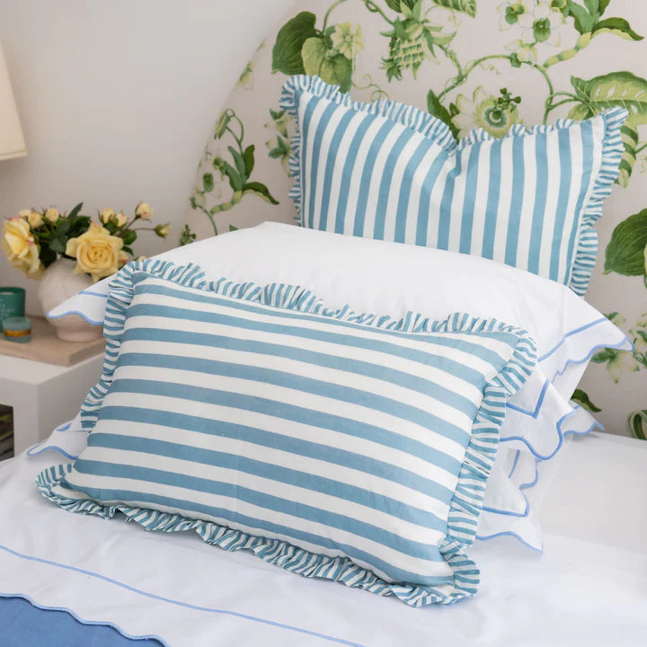 Ruffle Stripe Cushion Cover - Blue Lumbar