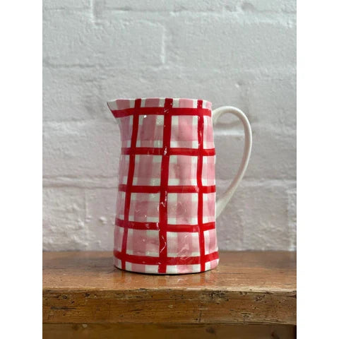 Hand-Painted Porcelain Jug - Pink & Red Gingham