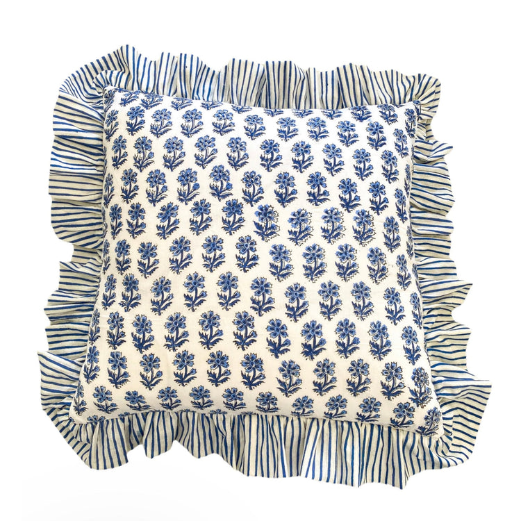 Blue Fleurs & Stripe - Frilled Cushion Cover