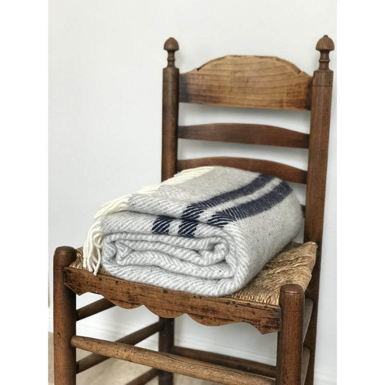 Pre-Order Bespoke Fishbone Throw Rug - Grey with Navy Stripe