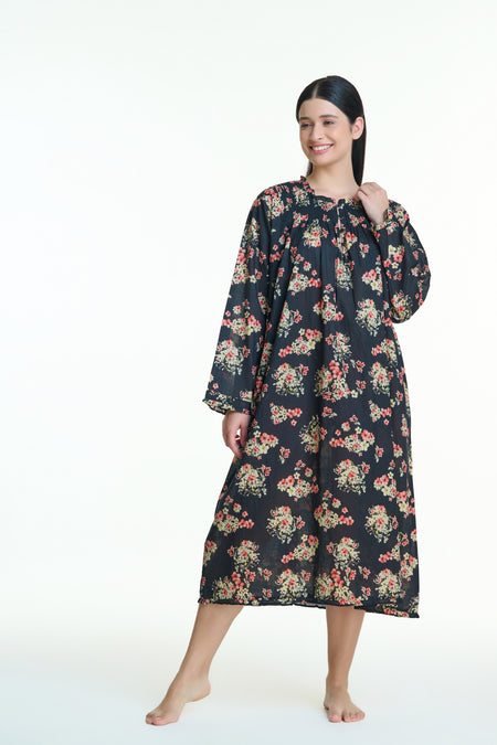 Cotton Voile Nightdress - Midnight Rose