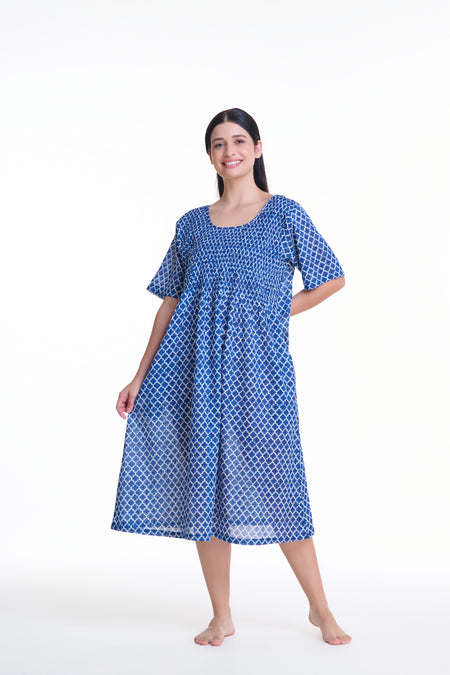 Cotton Voile House Dress - Bleue