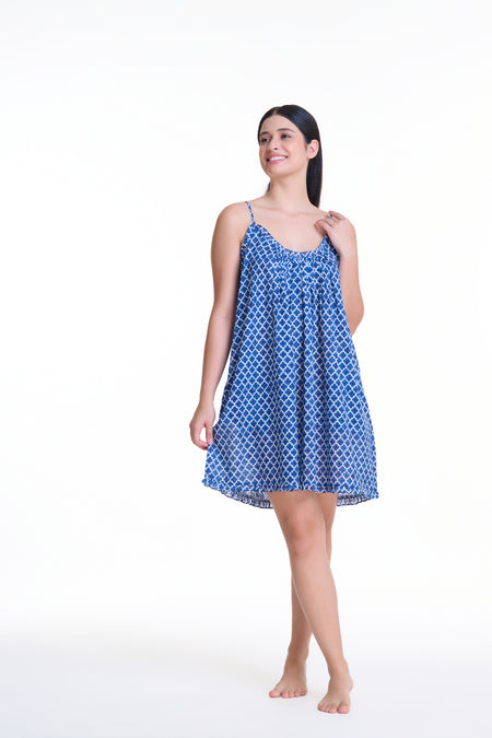 Frilled Cotton Voile Nightdress - Bleue