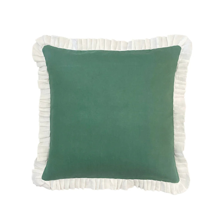 Ruffle Stripe Cushion Cover - Green Linen with Cream