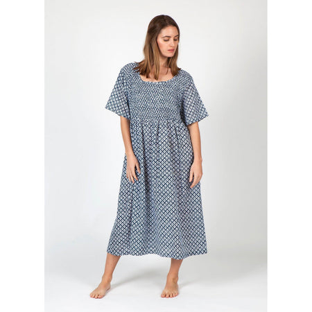 Cotton Voile House Dress - Navy & White