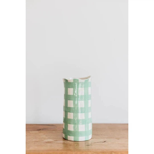 Hand-Painted Porcelain Vase - Green Gingham