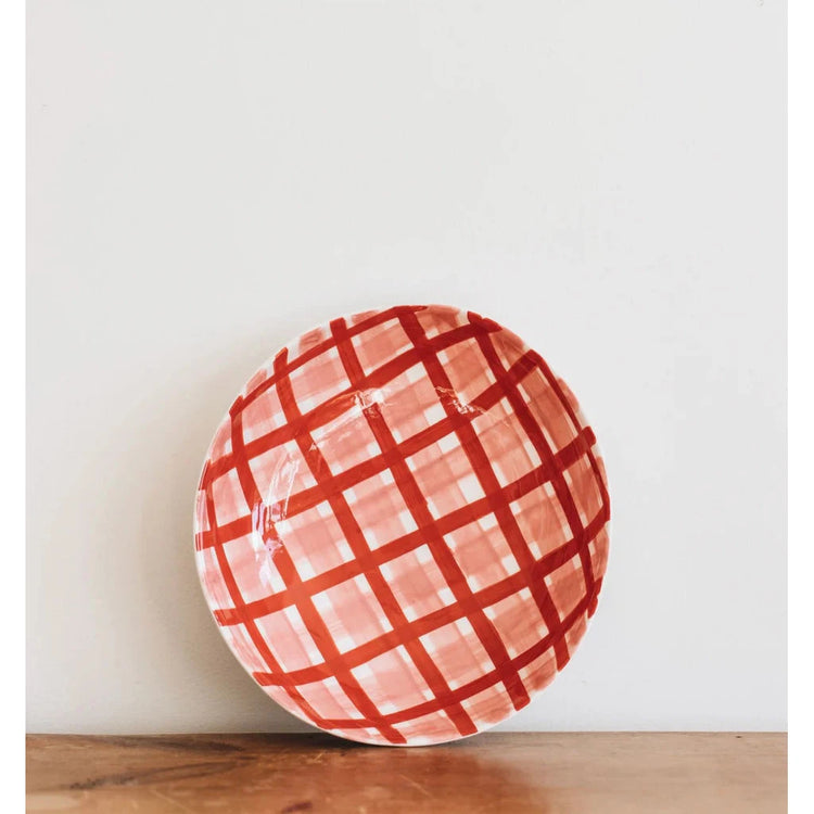 Hand-Painted Porcelain Salad Bowl - Pink & Red Gingham