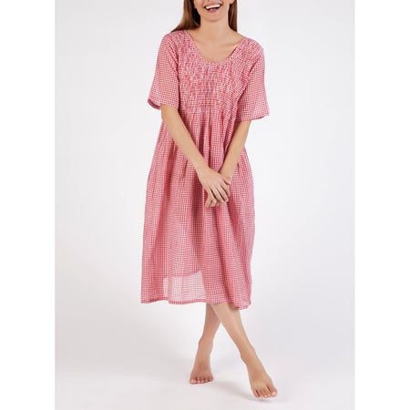 Cotton Voile House Dress - Red Gingham Smocked