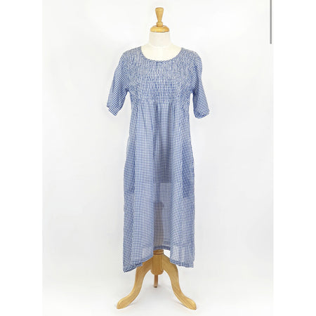 Cotton Voile House Dress - Blue Gingham Smocked