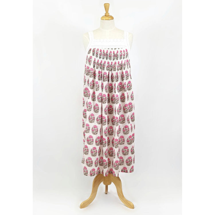 Cotton Voile Nightdress - Pink Flower Pin Tuck