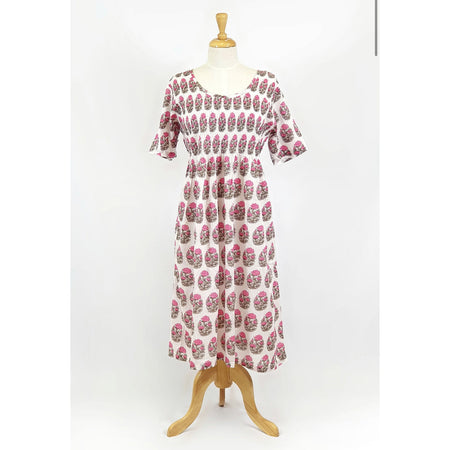 Cotton Voile House Dress - Pink Flower Smocked