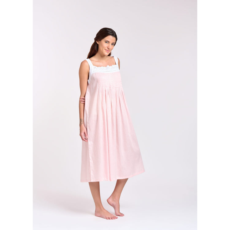 Cotton Voile Nightdress - Pink Gingham Pin Tuck