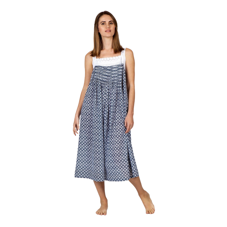 Cotton Voile Nightdress - Navy and White