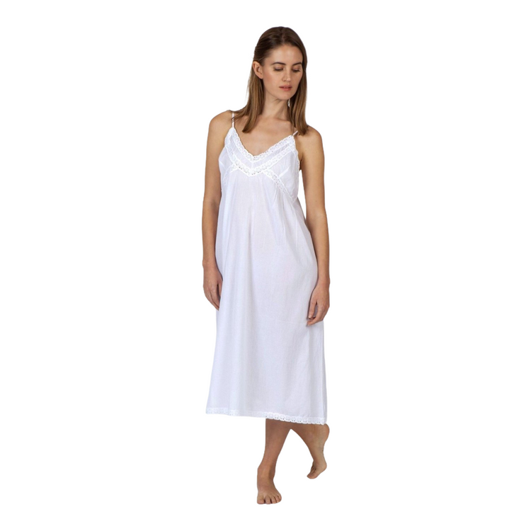 Cotton Voile Nightdress - White V Neck