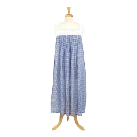 Cotton Voile Nightdress - Blue Gingham Pin Tuck