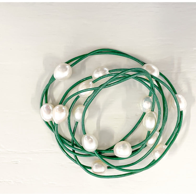 Freshwater Pearl and Leather Strand - Jade
