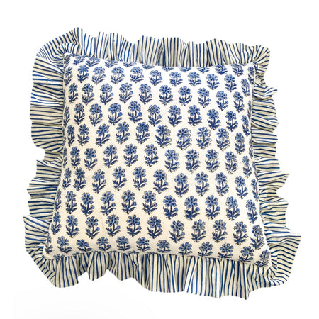 Blue Fleurs & Stripe - Frilled Cushion Cover